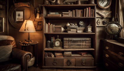 Wall Mural - Antique books on wooden shelves, a classic library generated by AI