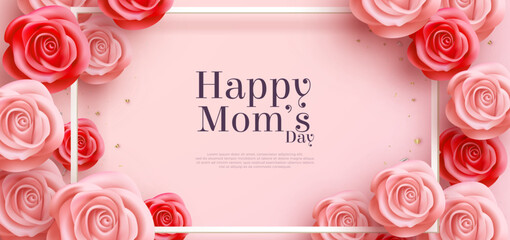 happy mothers day with pink flowers realistic 3d vector illustration. premium design for poster, ban