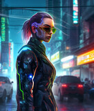 Fototapeta Miasto - Watercolor portrait of a girl in cyberpunk style. High quality illustration