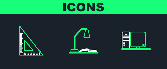 Sticker - Set line Computer monitor with keyboard and mouse, Triangular ruler and Workplace table lamp open book icon. Vector