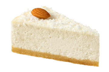 Wall Mural - Piece of Coconut cheesecake isolated on white background, full depth of field