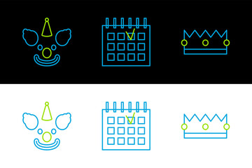 Sticker - Set line Crown, Clown head and Detailed calendar icon. Vector