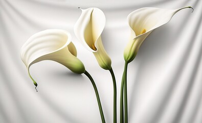Wall Mural - floral stems from a calla lily plant, arranged over a white cotton backdrop. generative ai