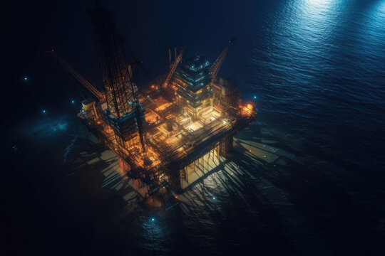Aerial view construction offshore jack up rig drill at night, Offshore crane crude oil rig drilling platform