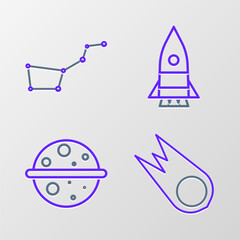 Poster - Set line Comet falling down fast, Planet Venus, Rocket ship and Great Bear constellation icon. Vector