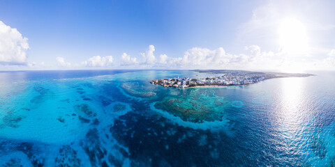 aerial panorama of San Andres islands, department of Colombia with blue sea and coral reef
