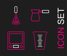 Sticker - Set line Measuring cup, Electronic scales, Coffee turk and Spatula icon. Vector