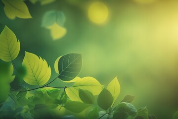 Fototapete - backdrop cover page idea featuring a closeup of a green leaf against a blurred, leafy green backdrop with bokeh and text space. Generative AI