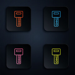 Wall Mural - Color neon line Car key with remote icon isolated on black background. Car key and alarm system. Set icons in square buttons. Vector