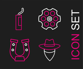 Wall Mural - Set line Cowboy, Horseshoe, Revolver cylinder and Dynamite bomb icon. Vector