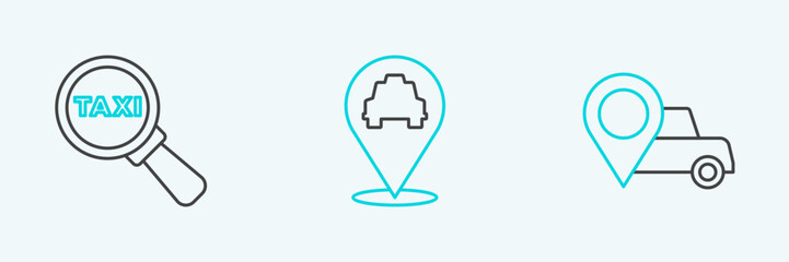 Poster - Set line Location with taxi, Magnifying glass and car and icon. Vector