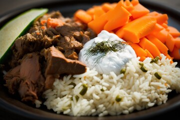 Wall Mural - Served with pickles and yogurt, a close-up of a dish of rice and carrots topped with lamb. Generative AI