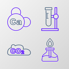 Sticker - Set line Alcohol or spirit burner, CO2 emissions in cloud, Test tube flask stand and Mineral Ca Calcium icon. Vector