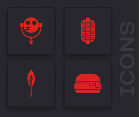 Poster - Set Burger, Tourist binoculars, Hotdog sandwich and Indian feather icon. Vector