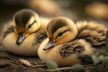 Wall Mural - Ducklings in closeup, lying side by side on the ground. Generative AI