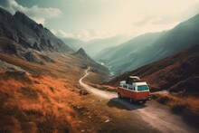 Vintage Camper Van Parked On A Winding Mountain Road, Surrounded By Breathtaking Views Of The Rugged Terrain. Spontaneity Of Life On The Road, Explore The World. Generative AI