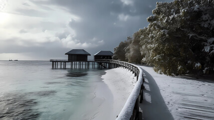 Wall Mural - tropical beach covered in snow, climate change, generative ai