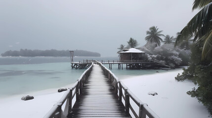 Wall Mural - tropical beach covered in snow, climate change, generative ai