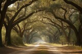 Fototapeta  - Country Road Lined with Oaks in Savannah, Georgia. Generative AI