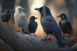 A white crow among many black crows, not like everyone else. Concept of individual stranger in society. Generative AI