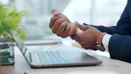 Leinwandbilder - Businessman, hands and laptop with wrist pain from overworked, joint or inflammation on office desk. Hand of employee man suffering from carpal tunnel syndrome, bad ache or discomfort on computer