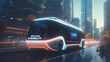 © cwiela_CH - Future of urban autonomous mobility city bus.  Public transport concept. Autonomous electric bus self driving on street in urban city. generative AI