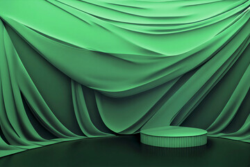 Green fabric draped over the wall background, luxury silk backdrop for fashion product presentation, elegant minimal drapery design. Green cloth backdrop for Cosmetic product display, generative ai
