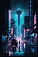 Wall Mural - Cyberpunk neon city at night, futuristic buildings and TV tower in rain, generative AI