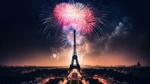 Eiffel Tower With Fireworks In The Colors Of The French Flag At Night. Bastille Day. Iconic Landmark Of Paris. Generative AI