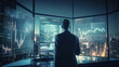 © Gzide - Finance trade manager analysing stock market indicators for best investment strategy, financial data and charts with business buildings in background, futuristic style. Generative ai.
