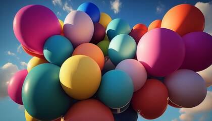 Colorful balloons on blue background, lots of colorful balloons in the sky, Generative AI