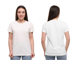Wall Mural - Woman wearing casual t-shirt on white background, mockup for design. Collage with back and front view photos