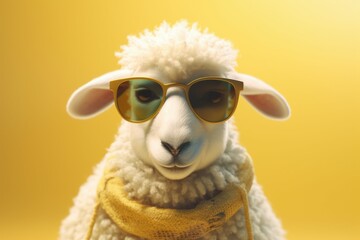 Wall Mural - Funny cute sheep in sunglasses with happy emotion. AI generated, human enhanced