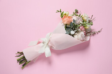 Sticker - Bouquet of beautiful flowers on pink background, top view