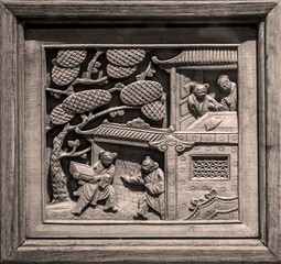 Sticker - Close-up of exquisite wood carving patterns on doors and Windows of ancient Chinese buildings