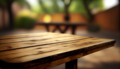 Empty wooden table with blurred background, planks against a blurry background, Generative AI