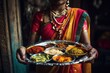 Faceless shot of Indian woman holding traditional tandoori food. Generative AI