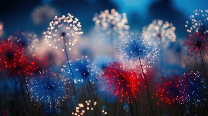 Sparkling fireworks in red white and blue with grass and flowers. Generative AI. 