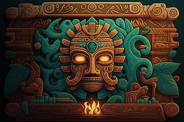 2D flat Mayan totem plank background,Generative AI