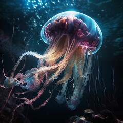 Glowing jellyfish swiming deep in a blue sea ai, ai generative, illustration