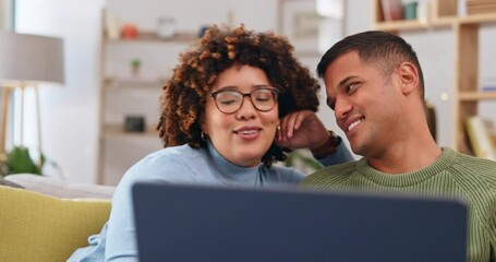 Canvas Print - Laptop, couple and happiness on sofa in home living room, relax and bonding together. Computer, talking and man and woman on couch online browsing, streaming movie and watching interracial video.