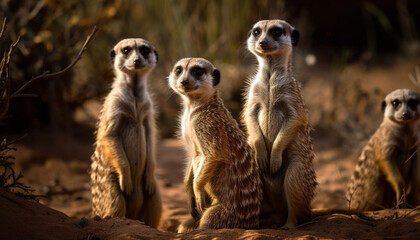 Poster - Small meerkat family standing in a row alertly generated by AI