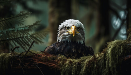 Sticker - Majestic bald eagle perched on branch outside generated by AI