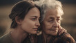 Three generations of women embrace in nature beauty generated by AI