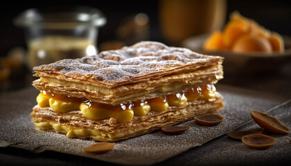 Poster - Homemade dessert stack fruit waffle with caramel generated by AI