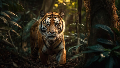 Poster - Majestic Bengal tiger staring at camera, dangerous beauty generated by AI