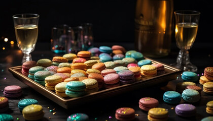 Canvas Print - Colorful macaroons stacked on a wooden table generated by AI