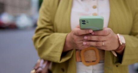 Canvas Print - Cellphone, hands and woman walking on street, social media and text messaging outdoor. Phone, business female and person in urban city, networking and online scrolling, travel and web browsing.