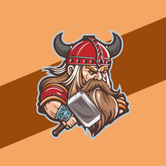 Wall Mural - Viking man with Helmet, Axes, Armor illustration, esports mascot, gaming logo template..Hand-drawn illustration for mascot sport logo badge label sign poster emblem patch t-shirt printing.