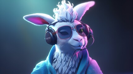 Poster - cool lama wearing eyeglasses and listening music, digital art illustration, Generative AI